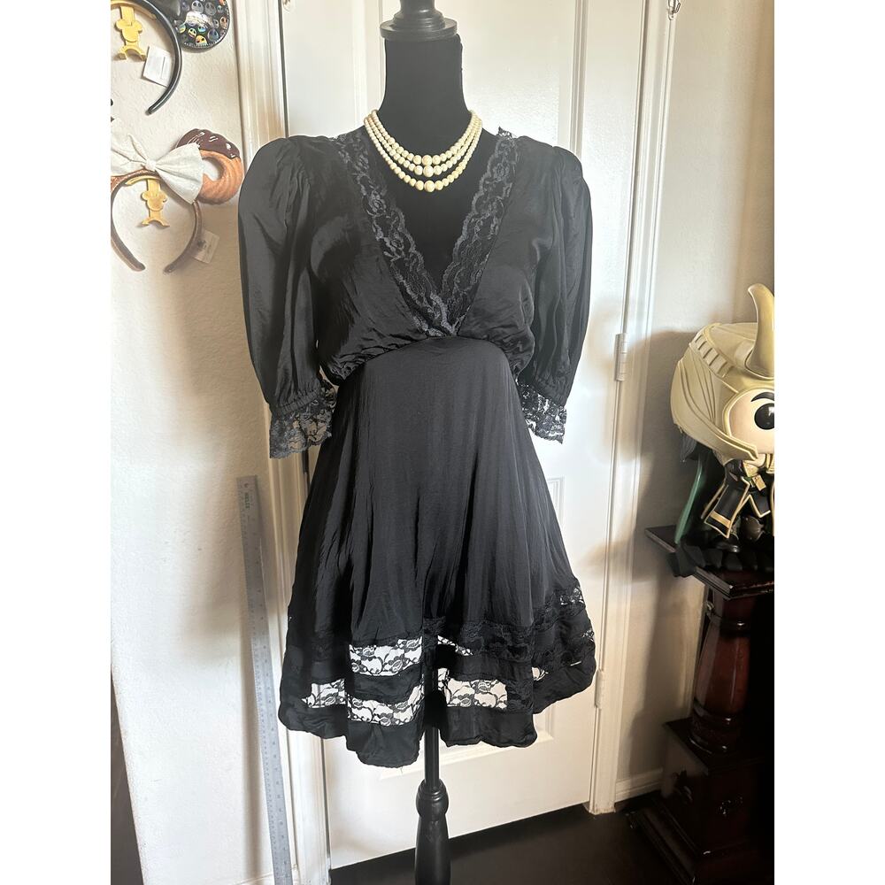 French Violet Boutique Black Satin Lace Mini Dress Gothic Coquette Aesthetic